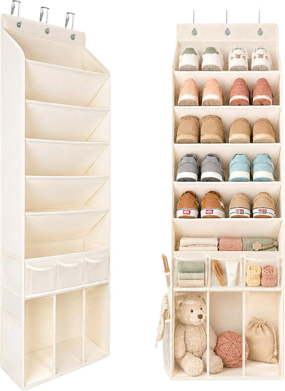 3in1 Over The Door Shoe Organizer with 5 Slanted Compartments,Removable Storage Bin & Transparent Pockets,Thickened Waterproof Oxford Fabric Shoes Rack for Shoes,Boots,Toys,Daily Essentials. (Beige)