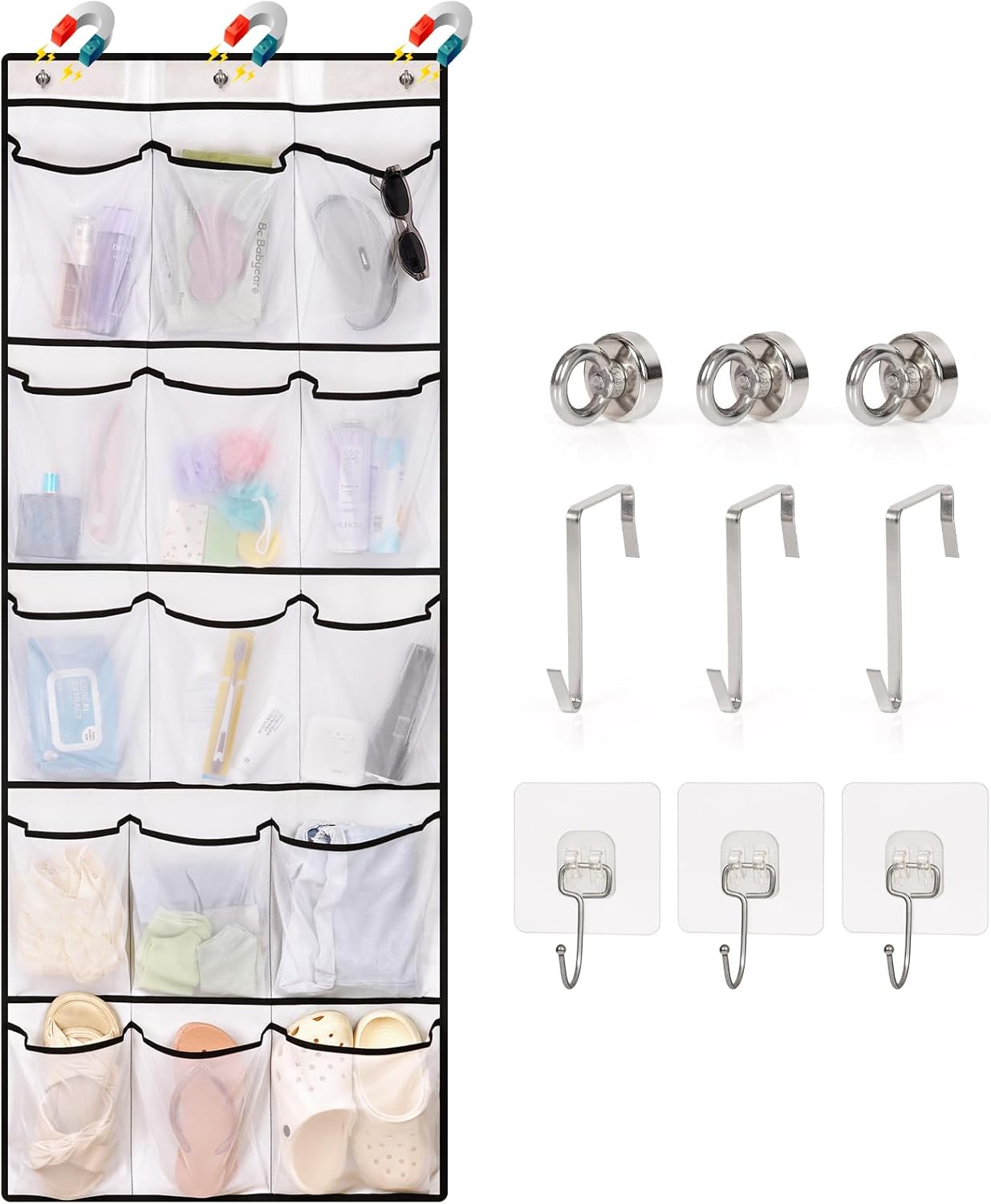 Over The Door Cruise Ship Organizer - Cruise Ship Magnetic Door Organizer with 15 Size-Graded Pockets, Hanging Magnetic Cruise Storage Shoe Rack for Cabin, 2026 Cruise Essential, 9 Hooks(White)
