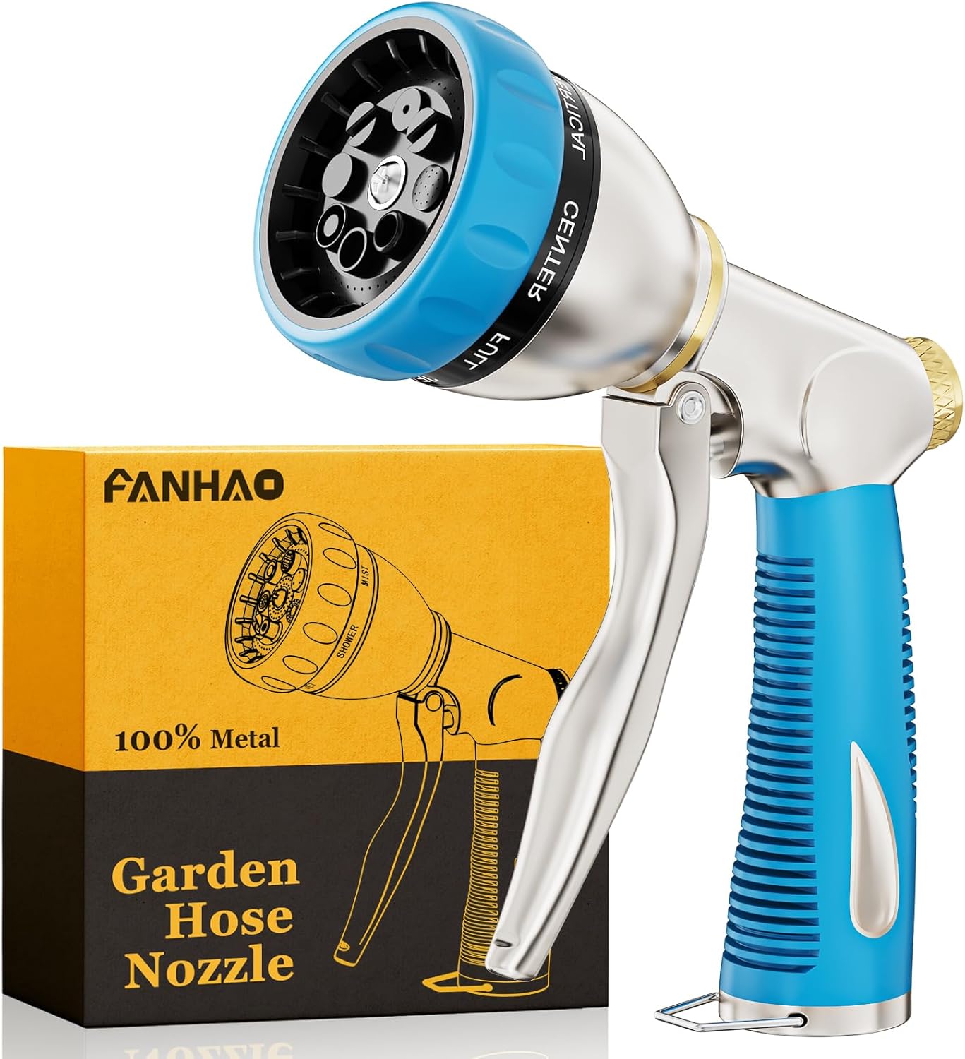 FANHAO Heavy Duty Garden Hose Nozzle, 100% Metal Water Nozzle with 8 Spray Patterns, High Pressure Hose Sprayer with Non-Slip Grip for Plants Watering, Cars Washing & Pets Bathing