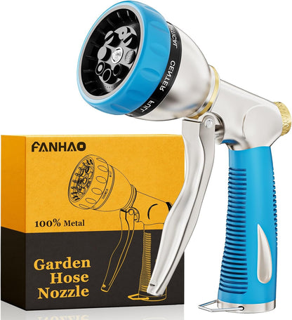 FANHAO Heavy Duty Garden Hose Nozzle, 100% Metal Water Nozzle with 8 Spray Patterns, High Pressure Hose Sprayer with Non-Slip Grip for Plants Watering, Cars Washing & Pets Bathing