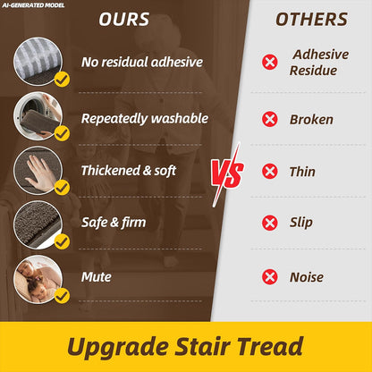 JSEI Stair Treads for Wooden Steps Indoor, 15-Pack Non Slip Stair Treads 30" x 8", Washable Polyester Stair Mats with TPE Backing, Low Profile Stair Rugs for Kids, Seniors and Dogs, Brown