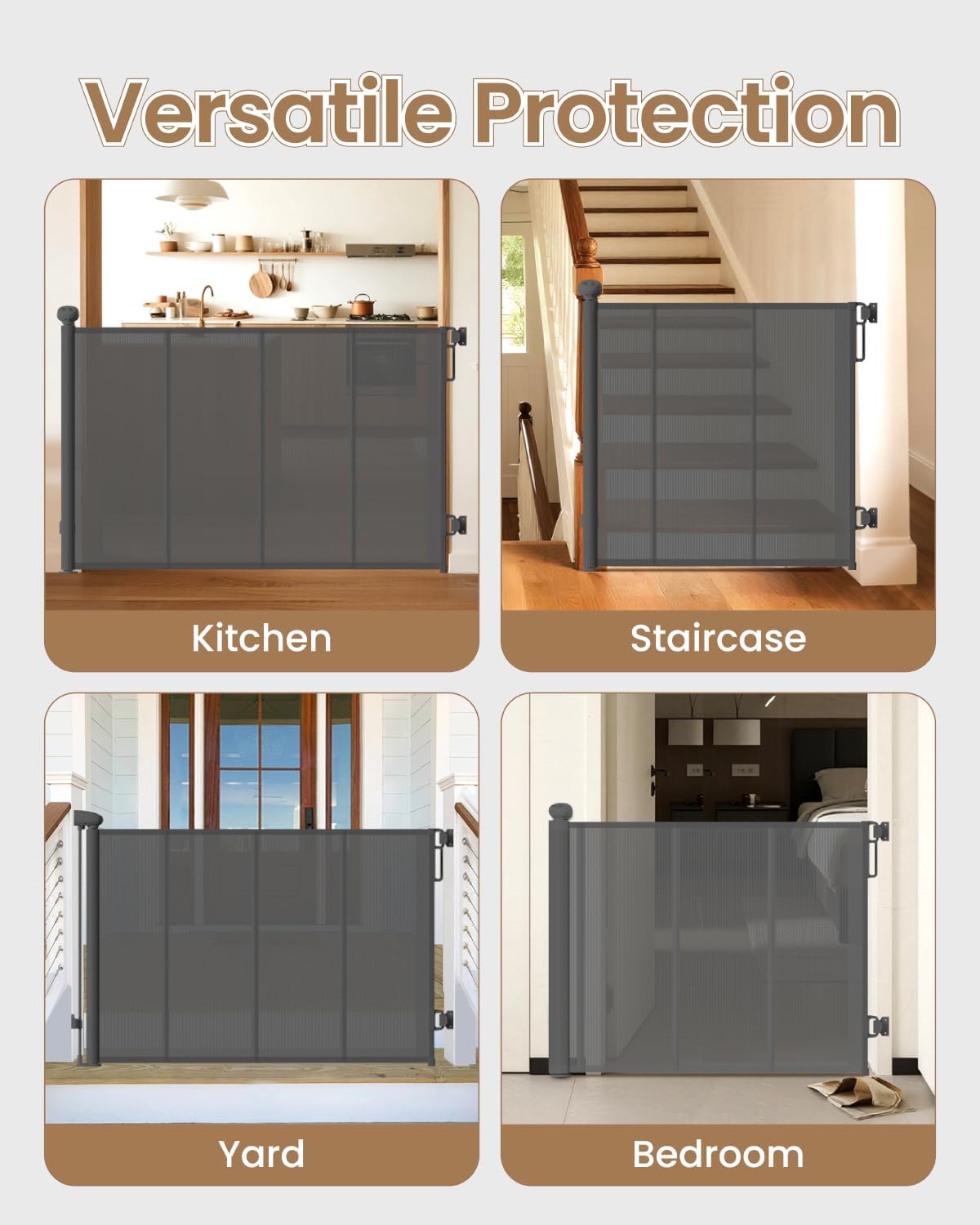Retractable Baby Gate, 55" Wide Reinforced Mesh Baby Gate with 4 Fiberglass Support Rods for a Tighter Fit, 34" Tall Retractable Dog Gate for Stairways, Hallways and Doorways, Black