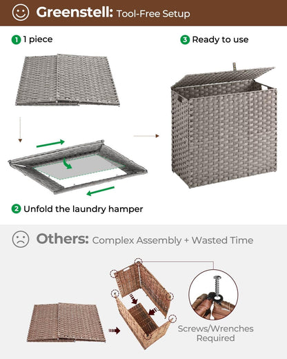 Greenstell Laundry Hamper with 2 Removable Liner Bags, Foldable Divided Clothes Hamper, 90L Handwoven Rattan Laundry Basket with Lid and Handles, No Assembly Needed, 18.3x13.3x24 Inches, Black