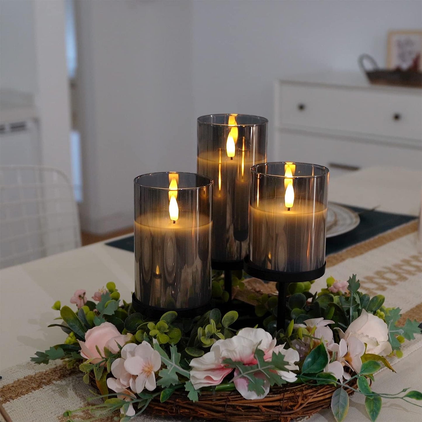 Amagic Clear Glass Flameless Candles Battery Operated with Timer, Remote Control, LED Pillar Candles, Battery Powered, Valentine's Day Decor, Pure White Wax, Set of 3