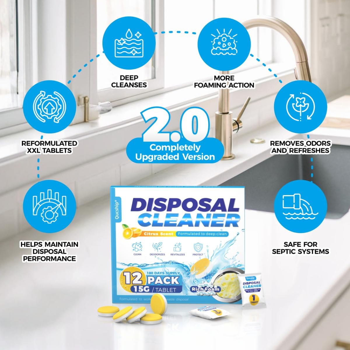 Garbage Disposal Cleaner and Deodorizer Tablets - 24 Pack, Powerful XXL Foaming Disposal Cleaner - Citrus Scented Foam, Natural Garburator & Sink Freshener, Septic Safe Kitchen Drain Cleaning Care