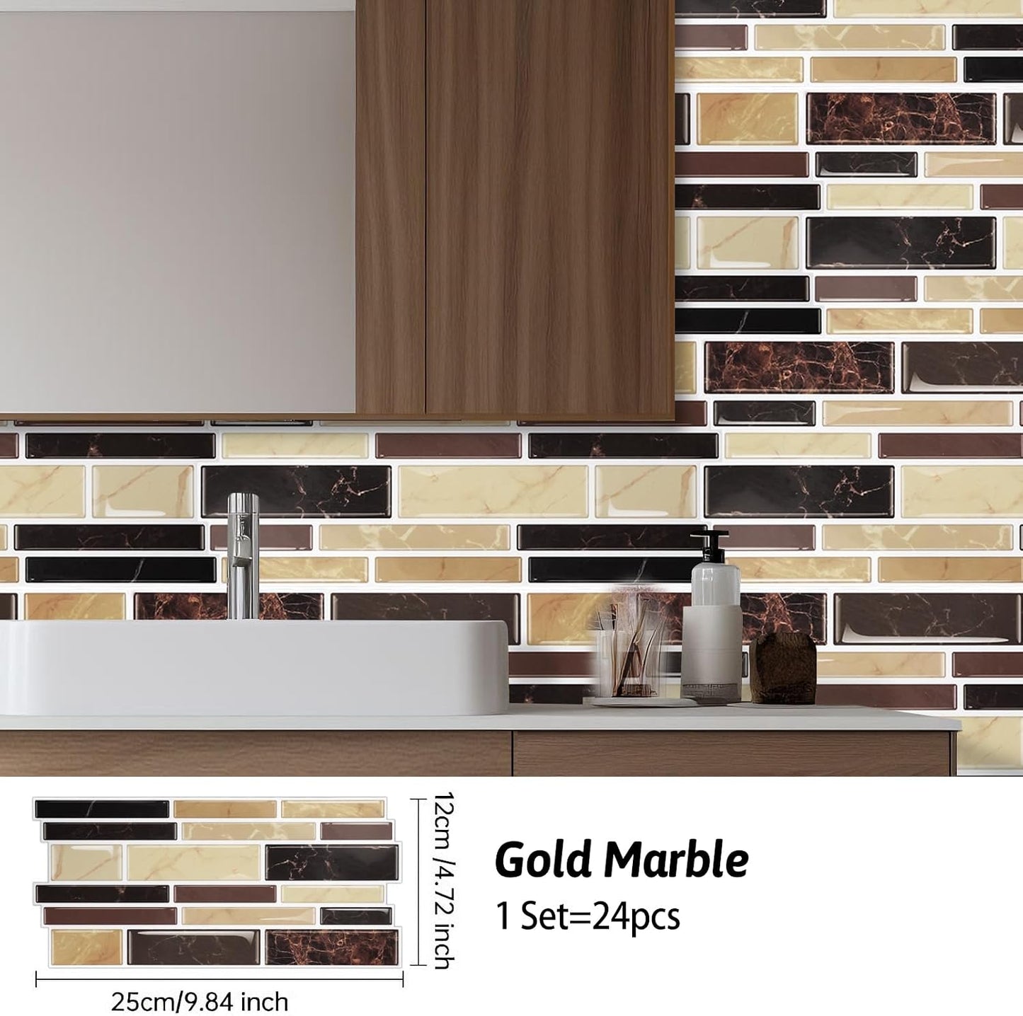24 Sheet Peel and Stick Tile Backsplash Sticks for Kitchen 10"x 5" Back Splashes Self Adhesive Waterproof Tile Wall Paper for Bathroom Kitchen Backsplash, RV, Fireplace, Black/White Marble Look