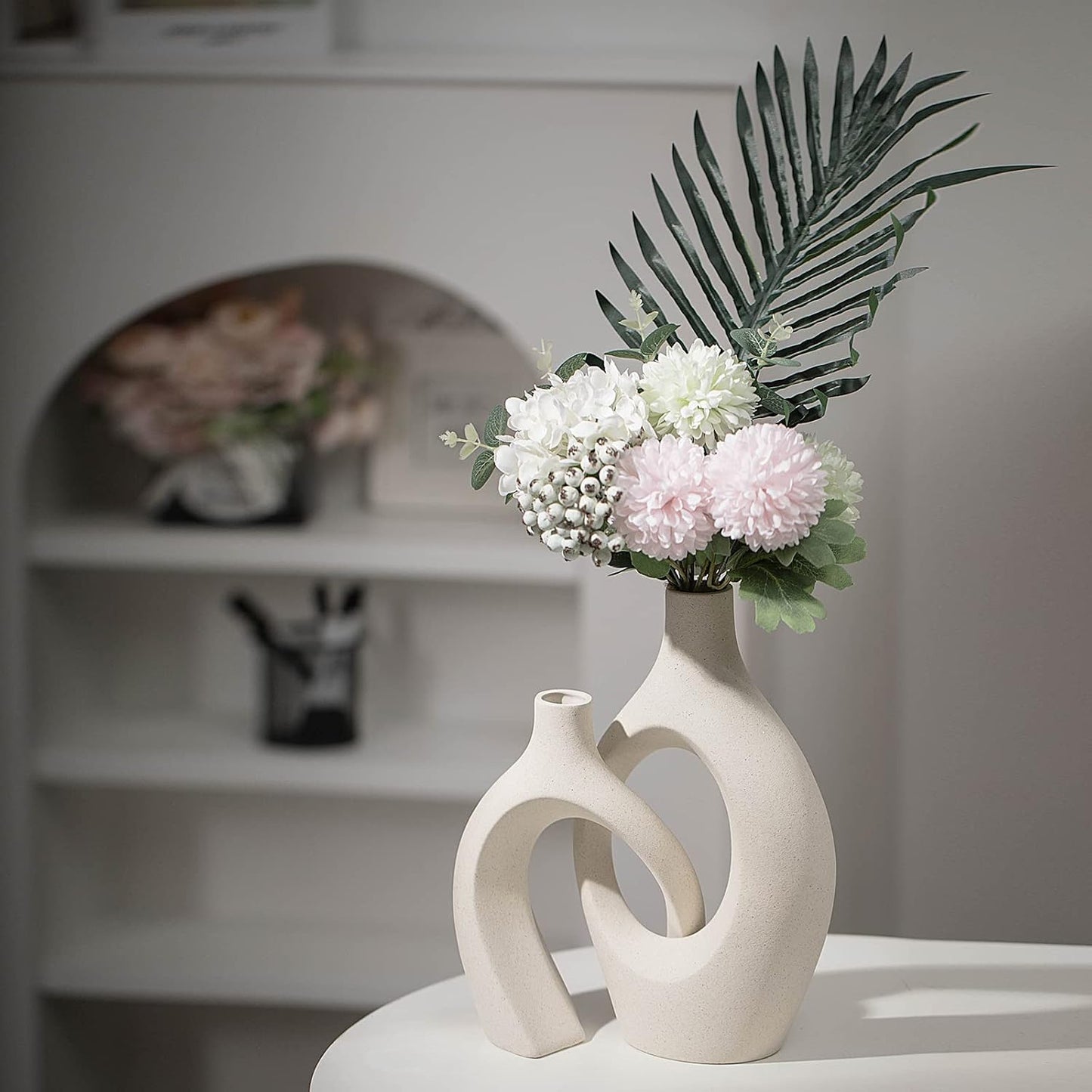 Levvohd Hollow Ceramic Vase Set of 2, Modern Nordic Minimalist Book Style Boho Aesthetic Vases for Home Decor Living Room Shelf Entryway Coffee Centerpiece Table Decorative (Cream White)