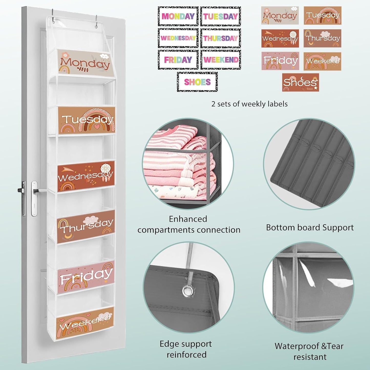 2 Pack Weekly Clothes Organizer for Kids, 6 Shelf Hanging Closet Organizer with Clear Window, Foldable Days of the Week Over the Door Outfit Organizer with Labels for Closet School