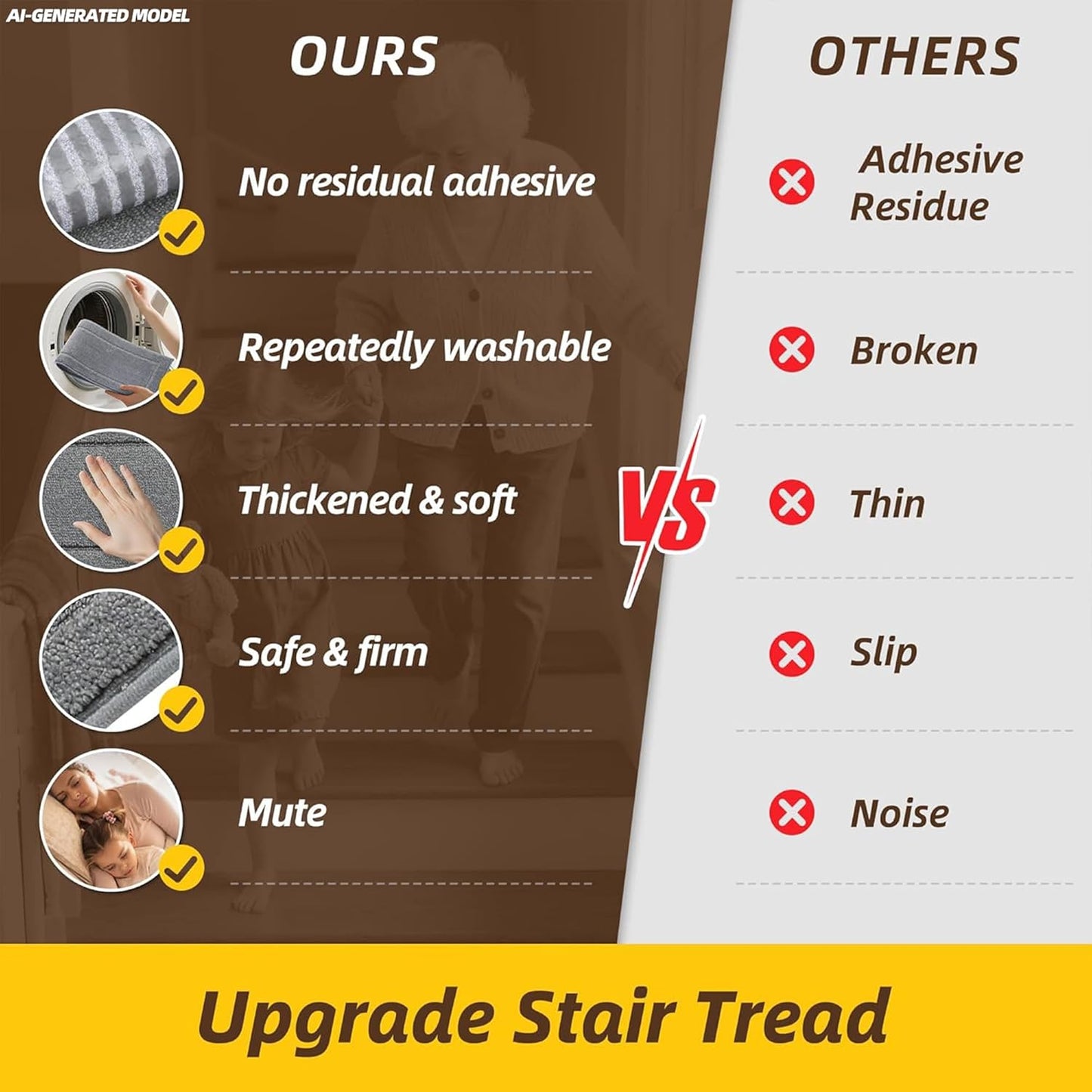 JSEI Stair Treads for Wooden Steps Indoor, 15-Pack Non Slip Stair Treads 30" x 8", Washable Polyester Stair Mats with TPE Backing, Low Profile Stair Rugs for Kids, Seniors and Dogs, Brown