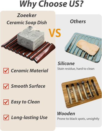 Self Draining Soap Dish, Ceramic Drain Soap Holder Waterfall Design Soap Saver for Shower, Bathroom, Sink, Kitchen and Countertop, Keeps Dry, Green