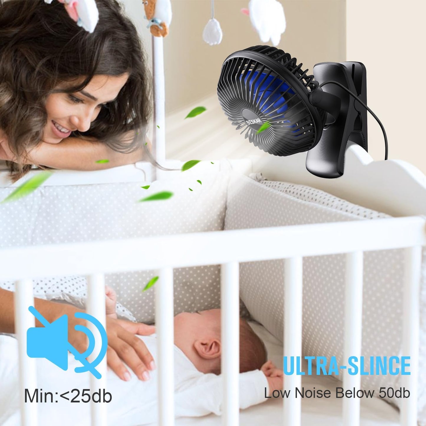 BESKAR Clip on Fan, Portable Small Desk Fans with Strong Airflow, 3 Speeds with Personal Fans Sturdy Clamp, Quiet Desk Fan & Clip Fan with USB Cord Powered - No Battery
