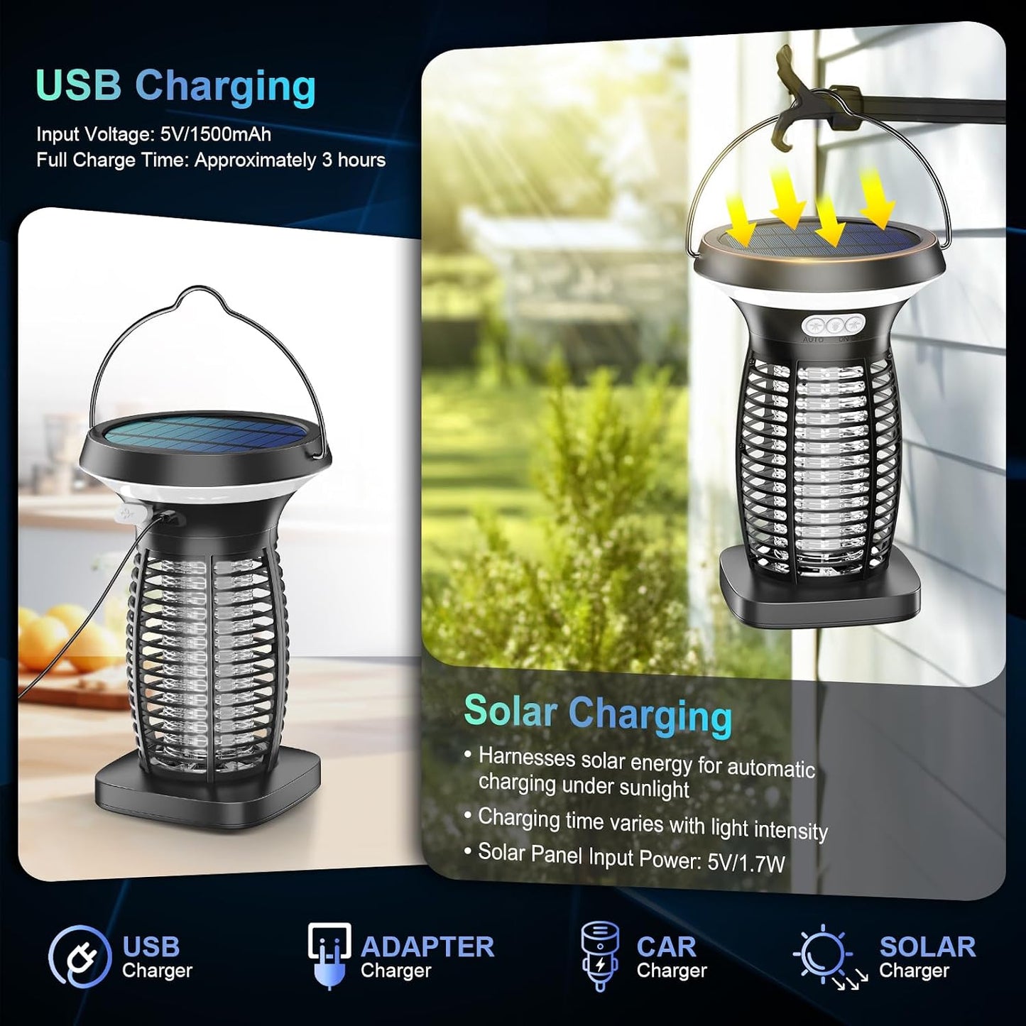 PhatroyYee Solar Bug Zapper Outdoor, 3-in-1 Mosquito Zapper Outdoor Solar Powered, Cordless Electric Bug Zapper Indoor with Night Light, Waterproof Fly Zapper for Patio Backyard Home Kitchen Camping