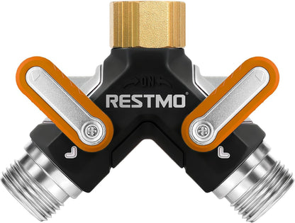 RESTMO 2 Way Garden Hose Splitter Heavy Duty Full Metal Body, Full Flow Design with Oversized Ball Valve, Y Outdoor Faucet Spigot Adapter with Extended Levers, 3/4" GHT Thread - Green 1 Pack