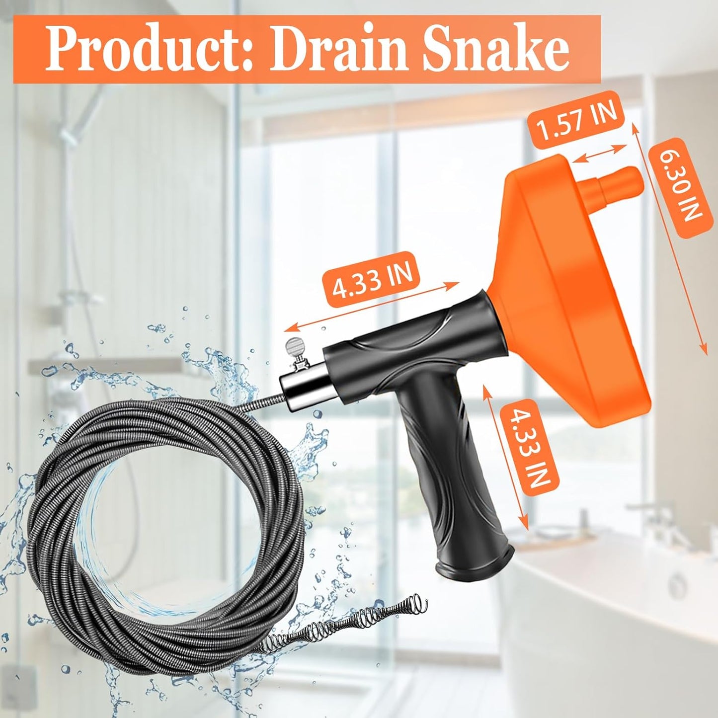 Drain Snake Auger, Plumbing Snake Drain Hair Clog Removal Tool, Sink Unclogger Drain, Heavy Duty Drum Auger, Cleaner Tool for Bathroom Kitchen Tub Shower Drain Clog Remover with Gloves, 33Ft