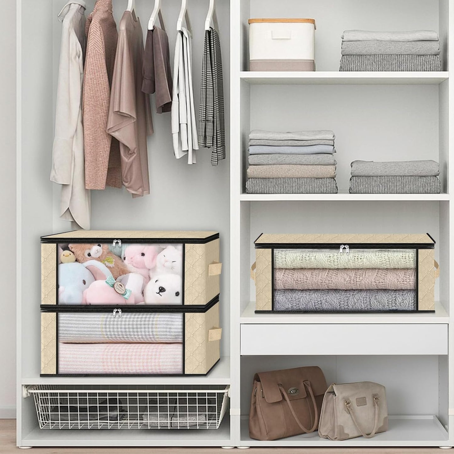 HomeHacks Storage 3-Pack Clothes Organizer Storage Bags Foldable Storage Box with Large Clear Window Sturdy Handles for Closet, Dorm, Pillows, Bedding, Clothes, Blankets, 35L, Gray