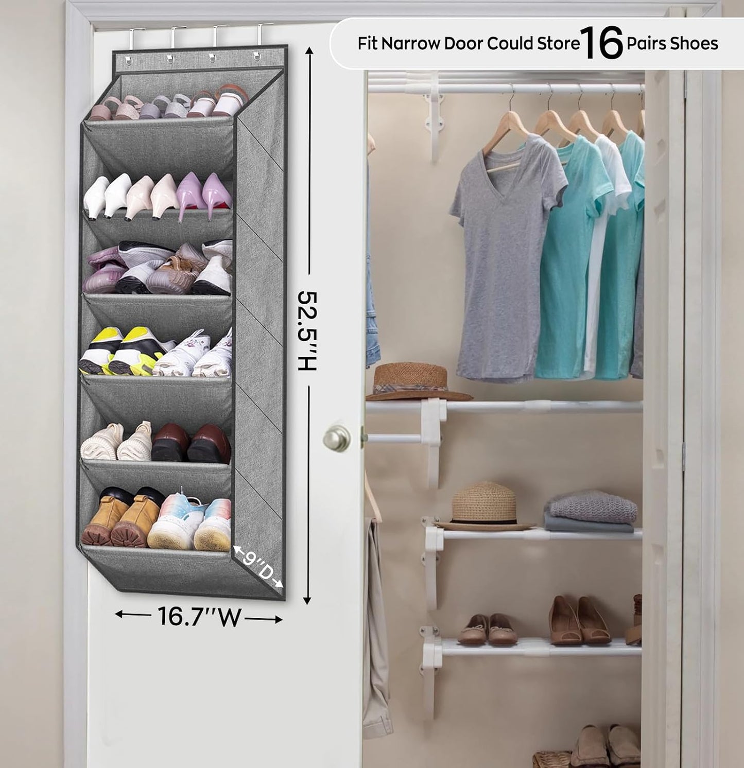 SLEEPING LAMB Over The Door Shoe Organizer for Closet with Large Deep Pockets, Narrow Shoe Rack for Door Hanging Boots Storage, Black