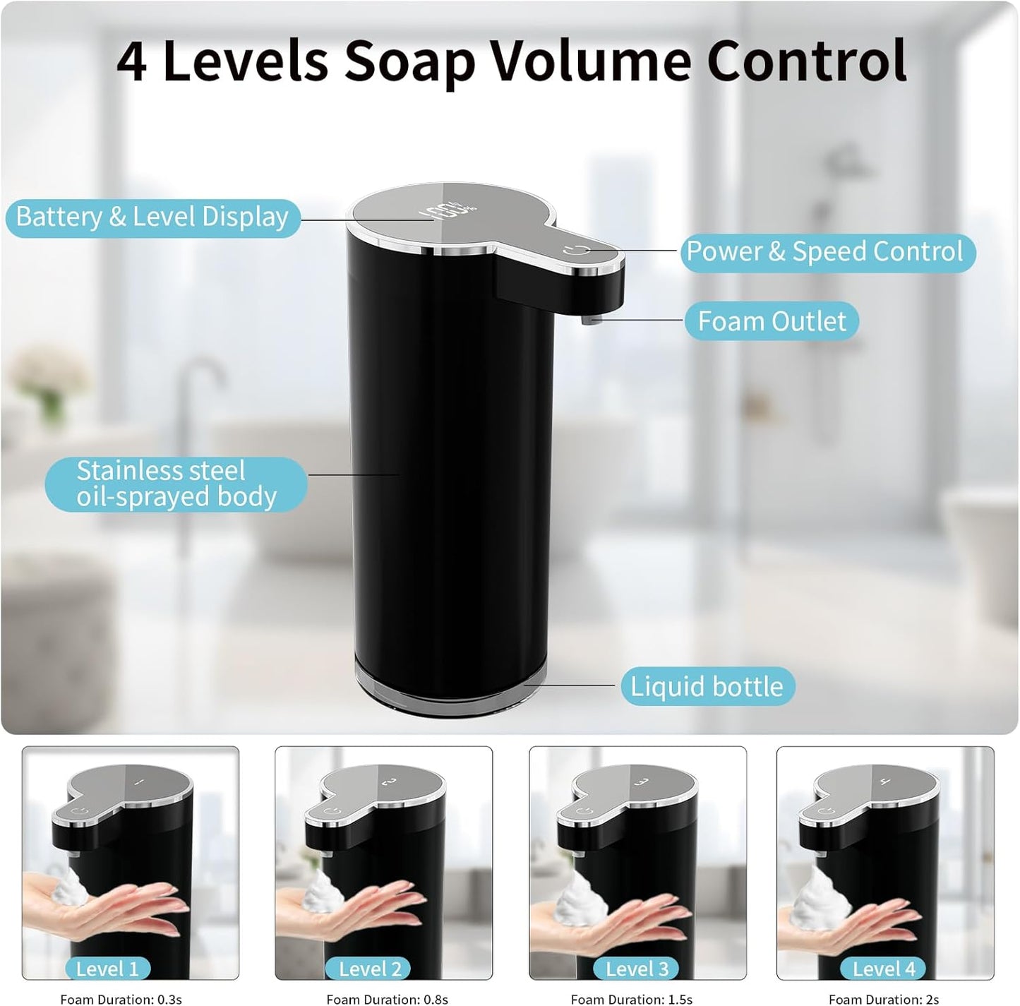Automatic Foaming Soap Dispenser,Touchless Foam Soap Dispenser,12oz Rechargeabled Wall Mounted Smart for Bathroom and Kitchen Dish Soap,Easy for Toddlers（Brushed Silver）