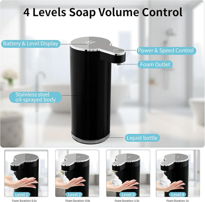 Automatic Foaming Soap Dispenser,Touchless Foam Soap Dispenser,12oz Rechargeabled Wall Mounted Smart for Bathroom and Kitchen Dish Soap,Easy for Toddlers（Brushed Silver）
