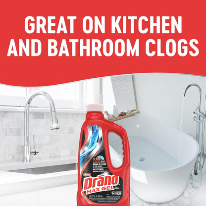Drano Max Gel Drain Clog Remover & Cleaner, Fast-Acting to Unclog Standing Water & Remove Hair, Grease & Food Blockages, Safe for all Pipes & Septic, Kitchen Sinks, Bathroom Showers & Tubs, 32 Oz