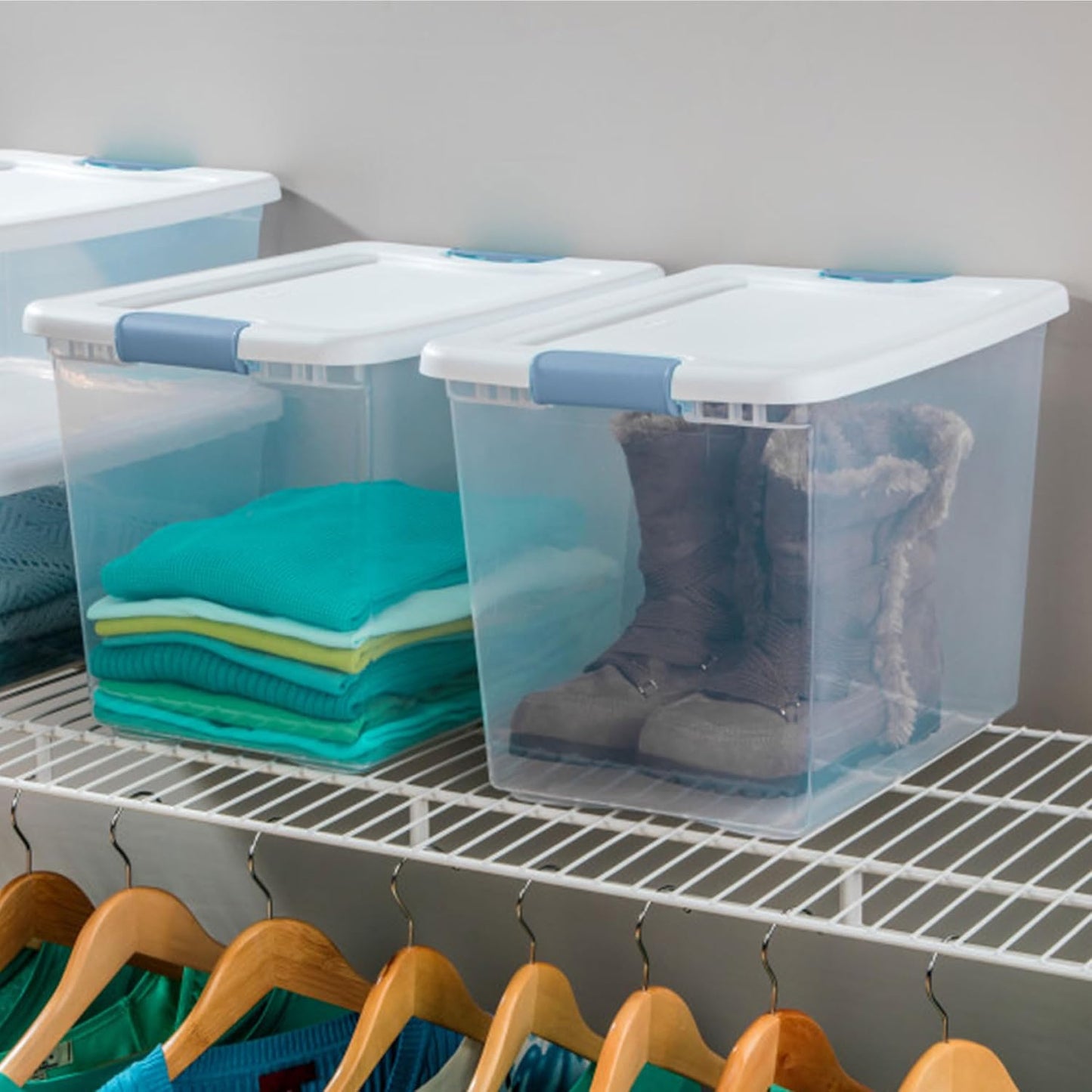 Sterilite 4-Pack 56 Quart Wheeled Latching Box, Underbed Clear Plastic Storage Organizer - Under Bed Rolling Container Bin with Lid and Wheels for Home or Dorm Bedrooms and Closets