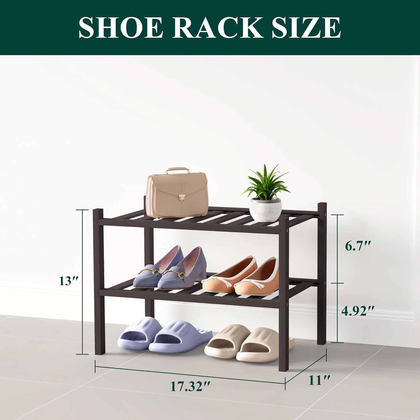 Smiry Bamboo Shoe Rack for Closet, 3 Tier Wooden Shoe Organizer, Stackable Wood Shoe Storage Shelf for Entryway, 14 Vertical Slats, One-piece Heavy-Duty Legs, 26.77"x11.02"x18.31", Natural