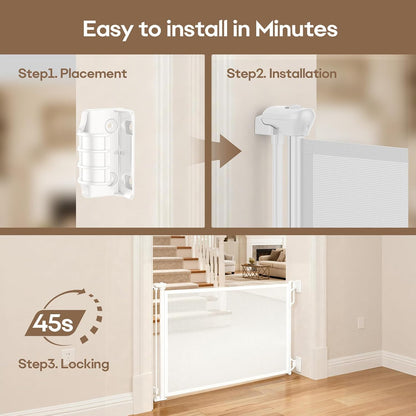 SPACEANY Retractable Safety Baby Gate or Mesh Dog Gate,Durable Portable Mesh Retractable Gate,Easy to Use for Stairs, Doorways, Hallways, Indoor, Outdoor, 33.5" Tall, Up to 45" Wide, Cream