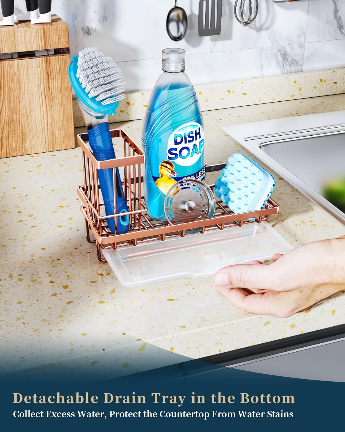 Consumest Sponge Holder for Kitchen Sink - Kitchen Sink Caddy Organizer with Removable Drip Tray for Countertop Dish Soap Dispenser Brush Storage Accessories 304 Stainless Steel - Black