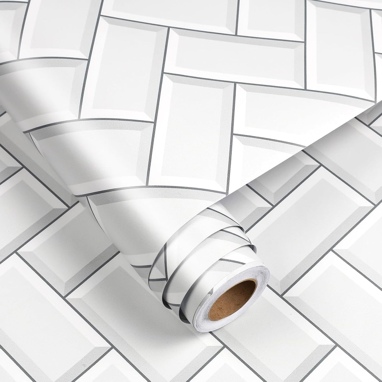 FunStick White Kitchen Wallpaper Peel and Stick Waterproof Herringbone Backsplash Wall Paper for Kitchen Bathroom Tile Wallpaper Removable White Contact Paper Peel and Stick for Cabinets 17.5"x118"