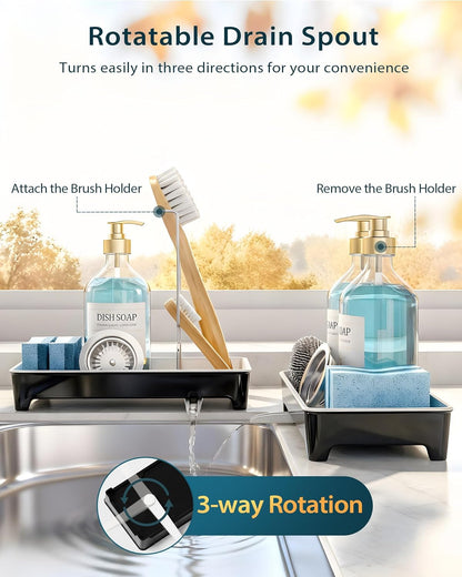 Minimalist Sink Caddy, Rustproof Sponge Holder for Kitchen Sink with 304 Stainless-Steel Brush Holder, Countertop Rack Organizer with Raised Ridges & Silicone Drain Tube (Black, Large)