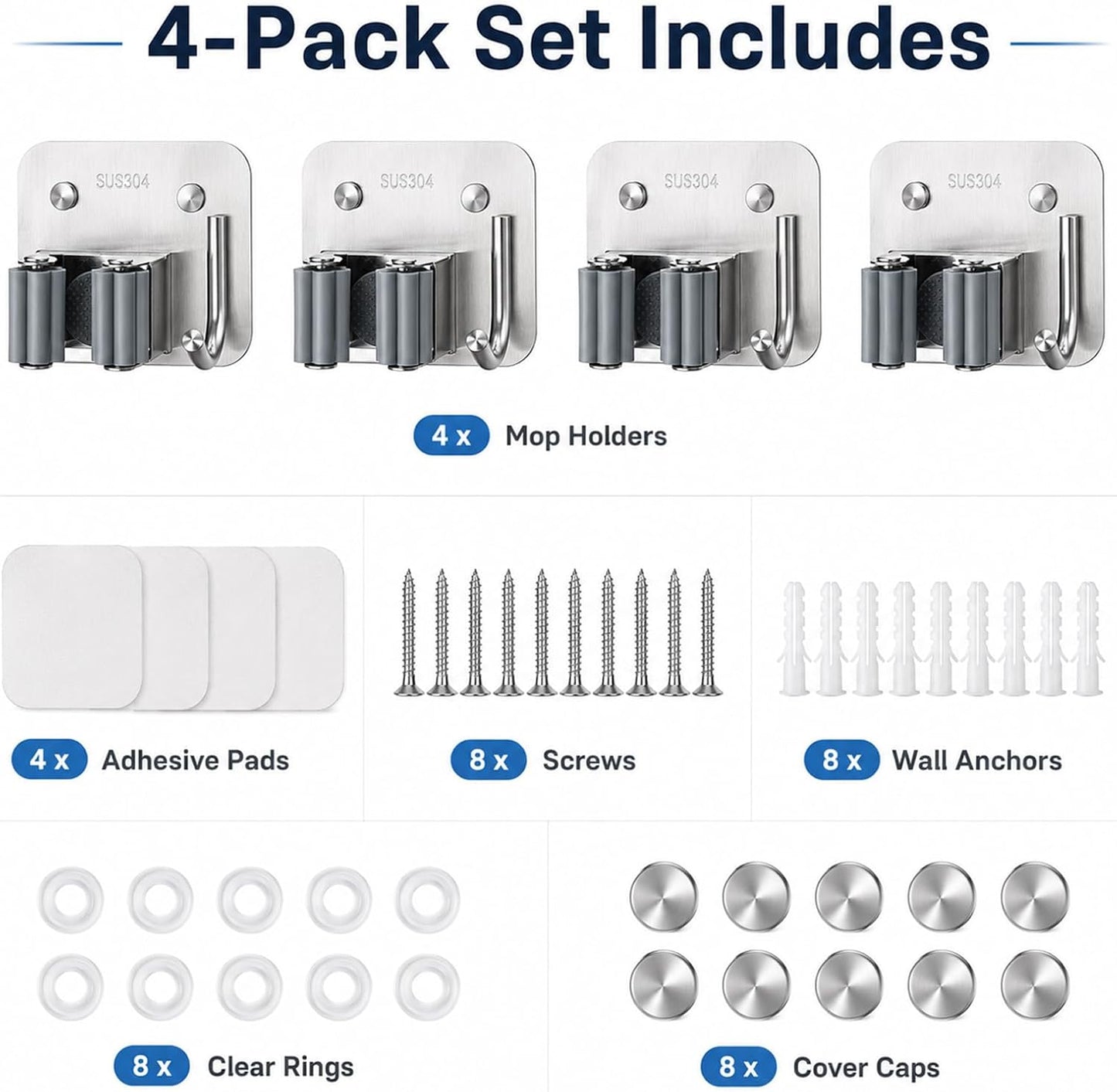 Broom Holder Wall Mount 4 Pack, Heavy Duty Mop and Broom Holder with Hooks, 304 Stainless Steel Broom Hanger, Self Adhesive or Screw Mount Organizer for Kitchen Laundry Garage