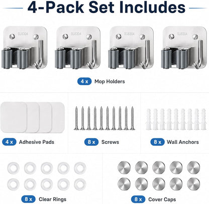 Broom Holder Wall Mount 4 Pack, Heavy Duty Mop and Broom Holder with Hooks, 304 Stainless Steel Broom Hanger, Self Adhesive or Screw Mount Organizer for Kitchen Laundry Garage