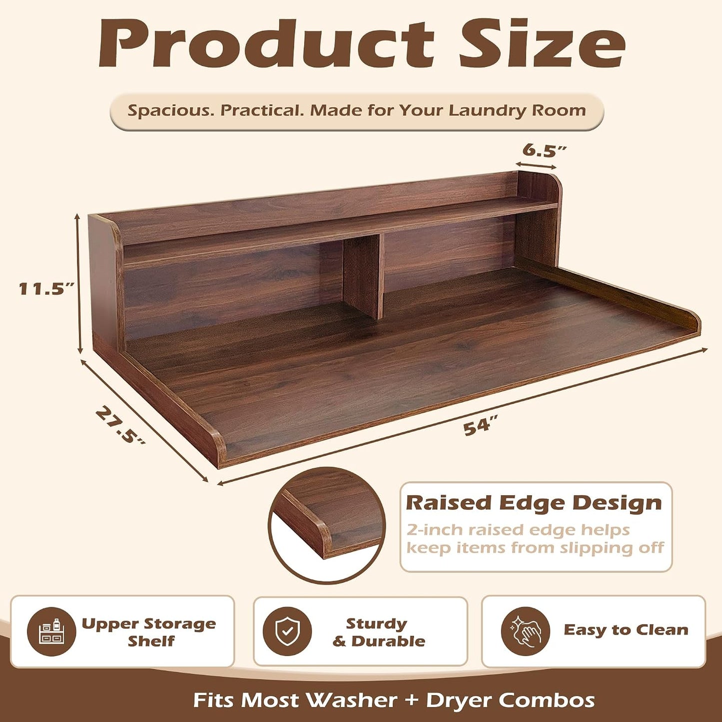 Royxen Laundry Countertop with 2-Tier Shelf Universal Fit, Washer and Dryer Countertop with Storage Space, Shelf Height 11.5 Inches, Solid Wood Core, Oak