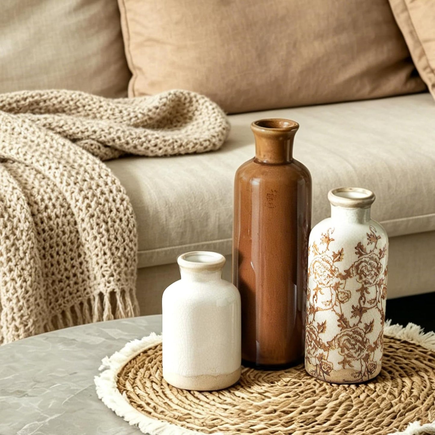 Ceramic Vase Set of 3, Neutral Flower Vases Home Decor, Pottery Rustic Farmhouse Decorative Vases Modern Decor for Table Mantel Entryway Bookshelf Living Room Kitchen Bedroom - Brown
