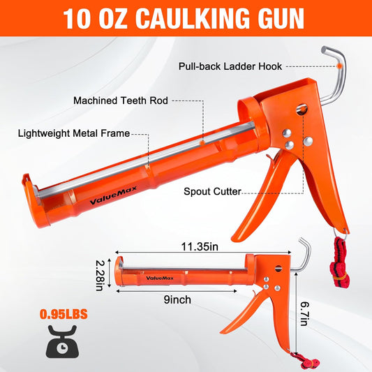 ValueMax Caulk Gun and Caulk Scraper Kit, 10OZ Smooth Silicone Caulking Gun with Caulk Remover Tool, 10:1 Thrust Ratio, Sealant Finishing Tool Grout Scraper for Caulking/Filling/Sealing