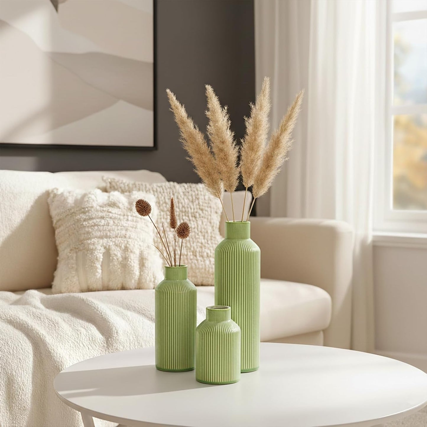 Brown Ceramic Vase Set of 3 - Rustic Farmhouse Vases for Centerpieces Small Modern Decorative Vase for Flower Kitchen Bathroom Bedroom Living Room Shelf Home Decor