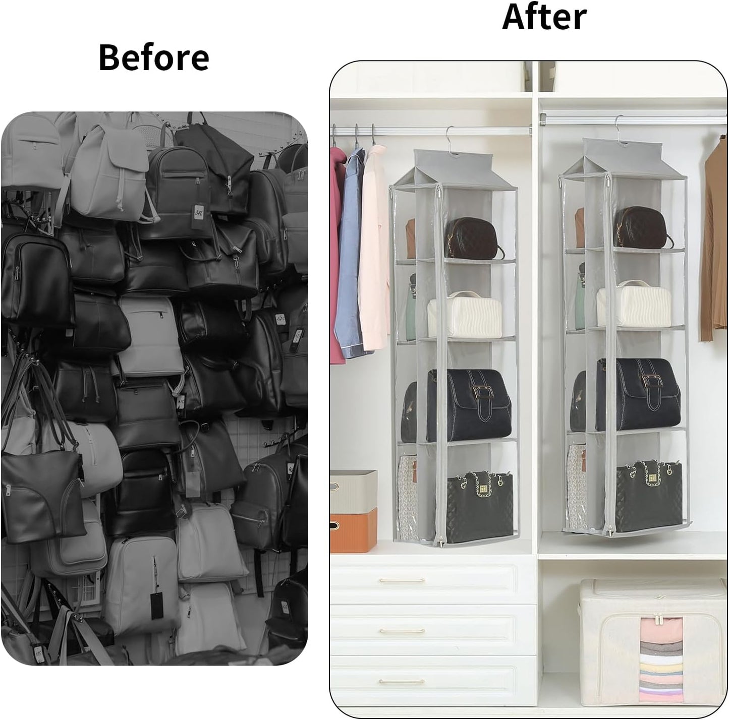 8 Grids in 1 Pack Hanging Purse Handbag Organizer with Double Zippers, Visible Purse Organizer for Closet, Fully Enclosed Purse Storage Holder-Black