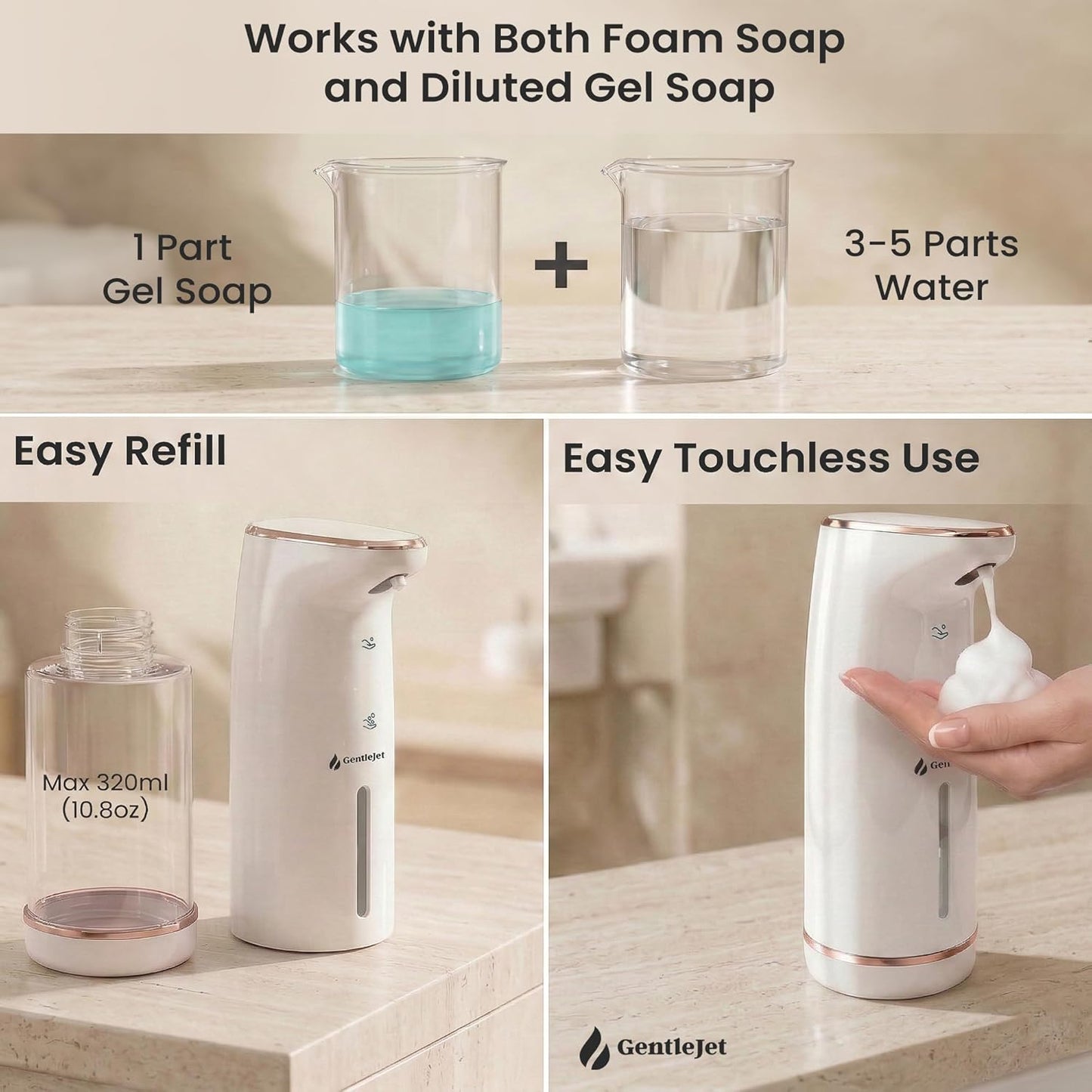 GentleJet Cloudfoam Automatic Foaming Soap Dispenser – Touchless Foam Dispenser for Kids & Family, Soft Rich Foam, USB-C Rechargeable, No-Clog Design, IPX5 Waterproof, 320 ml