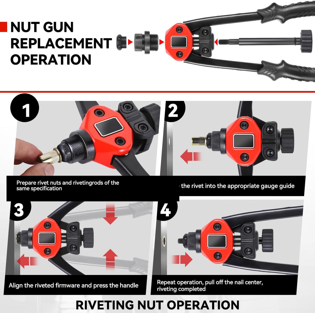 Auto Dynasty 21" Hand Riveter Rivet Nut Tool Set with 5 Guide Nozzle Silver Repair Hand Tool Kit Set for Home Household Office Warehouse