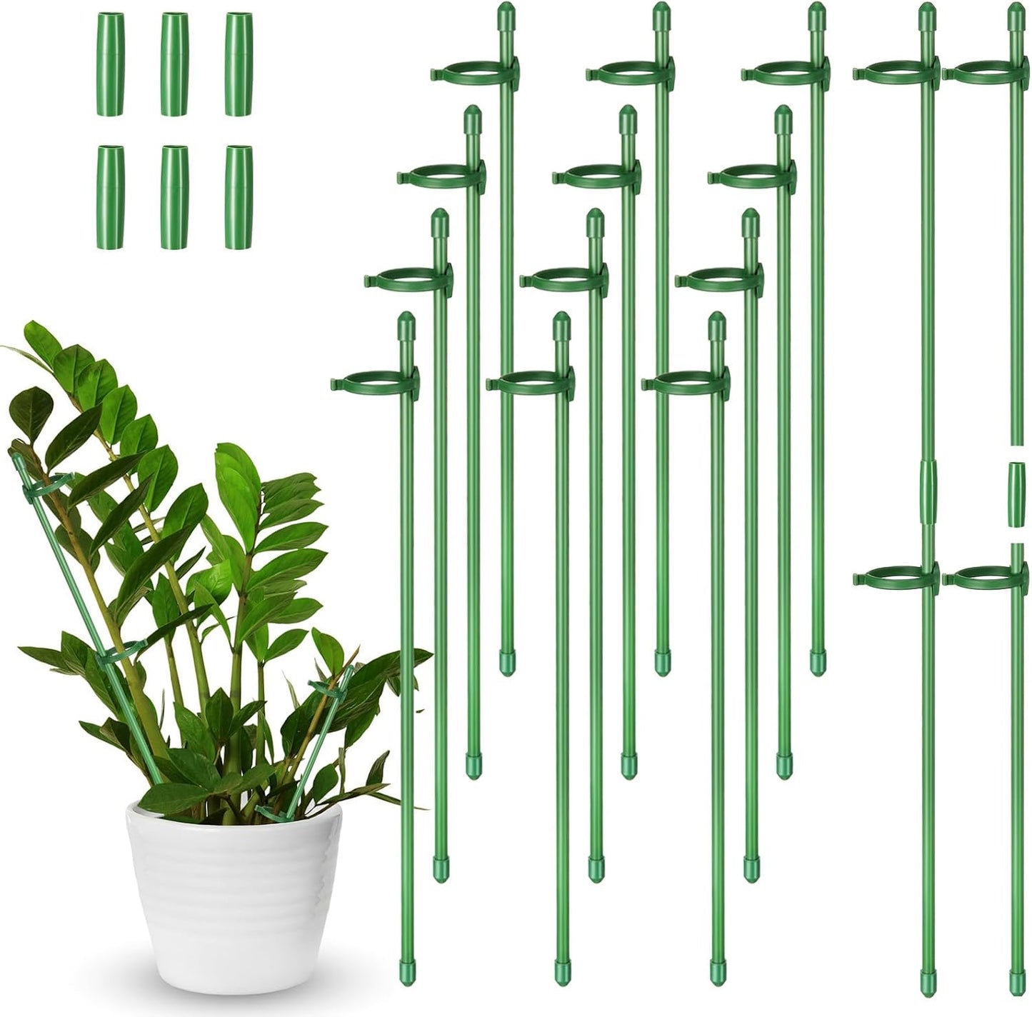 meekoo 12 Pcs 12 Inch Adjustable Plant Support Stakes for Indoor Outdoor Garden Orchid Stick Single Stem Plant Cage Support Rings with Clips and Connect Pipe for Tomato Flowers, Potted Plants (Green)