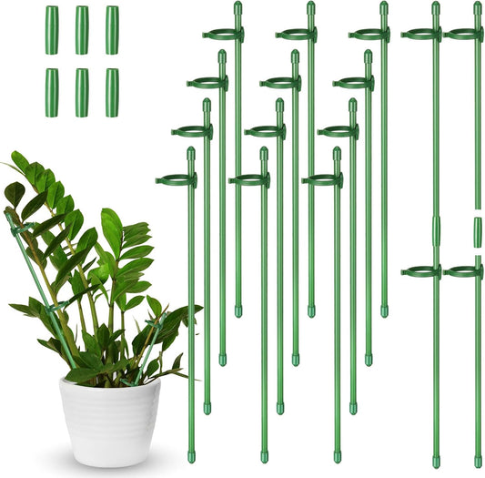 meekoo 12 Pcs 12 Inch Adjustable Plant Support Stakes for Indoor Outdoor Garden Orchid Stick Single Stem Plant Cage Support Rings with Clips and Connect Pipe for Tomato Flowers, Potted Plants (Green)