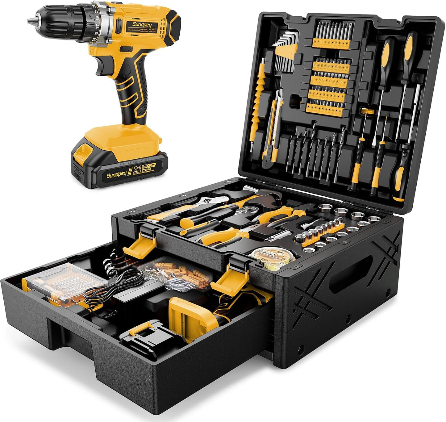 Sundpey 267-Piece Tool Kit with Drill - Basic General Home Complete Repair Portable Tool Set with 21V Cordless Drill & 2.0Ah Battery & Charger in Drawer Storage Toolbox for Apartment Office Garage