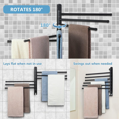 Towel Rack Wall Mounted JSVER Bathroom Towel Rack, Space Saving Towel Holder, 13.4 Inches Swivel SUS304 Stainless Steel Towel Bar, 180° Rotation 6 Arms Towel Racks for Bathroom