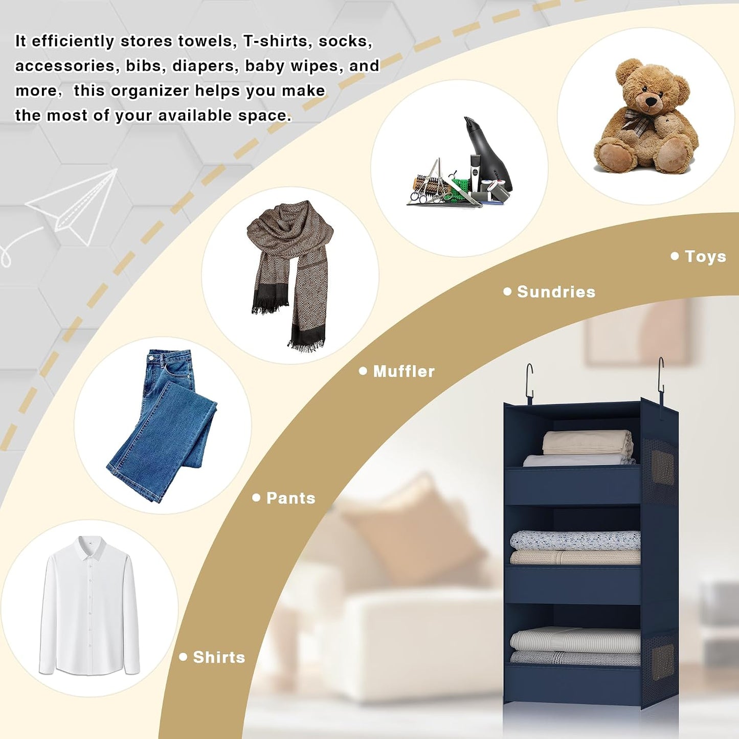 3-Shelf Hanging Closet Organizer, Washable Foldable Storage, Dark Gray | Front lip keeps items secure; side pockets add room; Oxford fabric handles towels, shirts, baby items, dorms, RVs or travel.