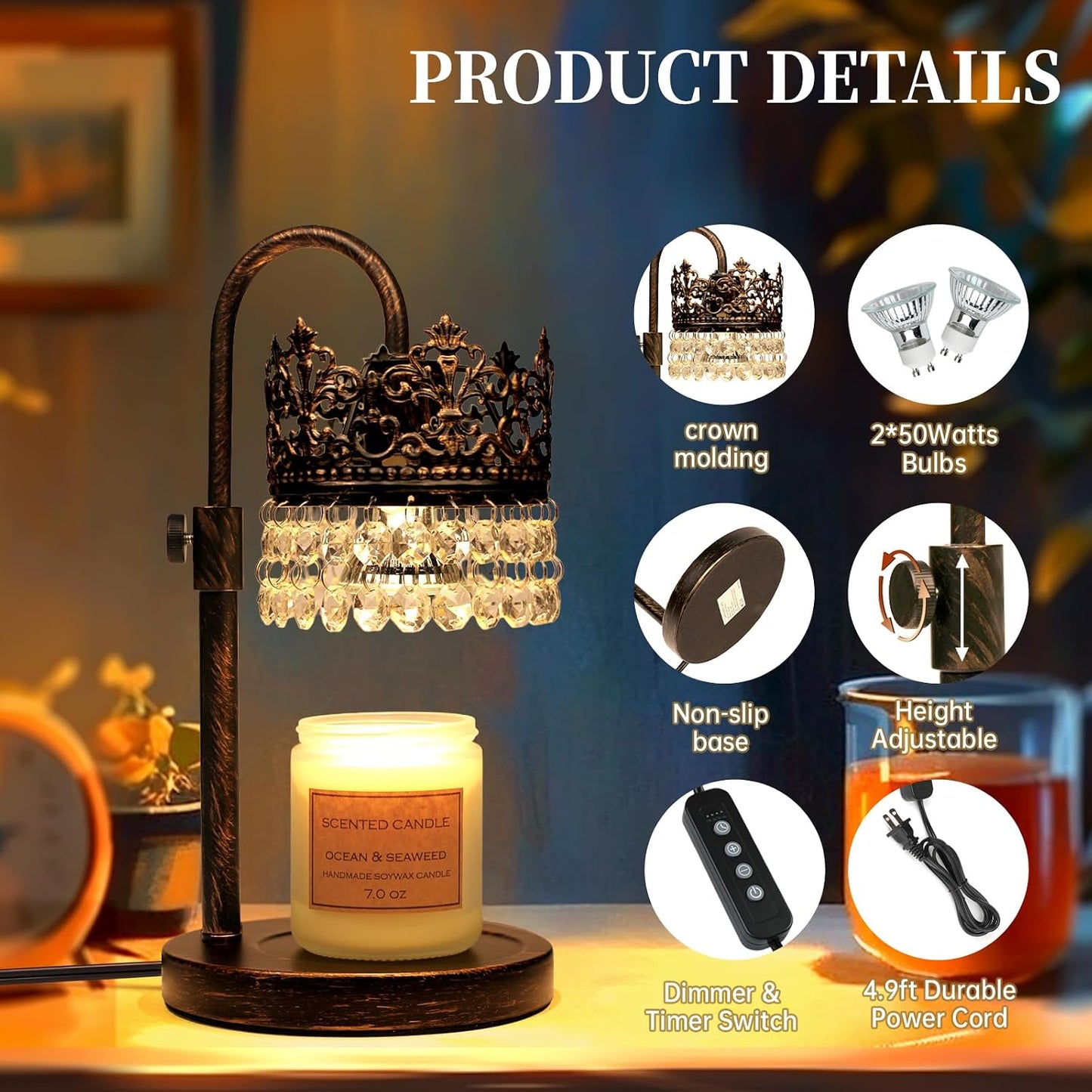 Candle Warmer Lamp with Timer Dimmer Adjustable Height with 2 Bulbs Crystal Candle Lamp Elegant Home Decor for Valentine's Day Gift Wax Melt Warmers for Women Birthday Gift (Black)