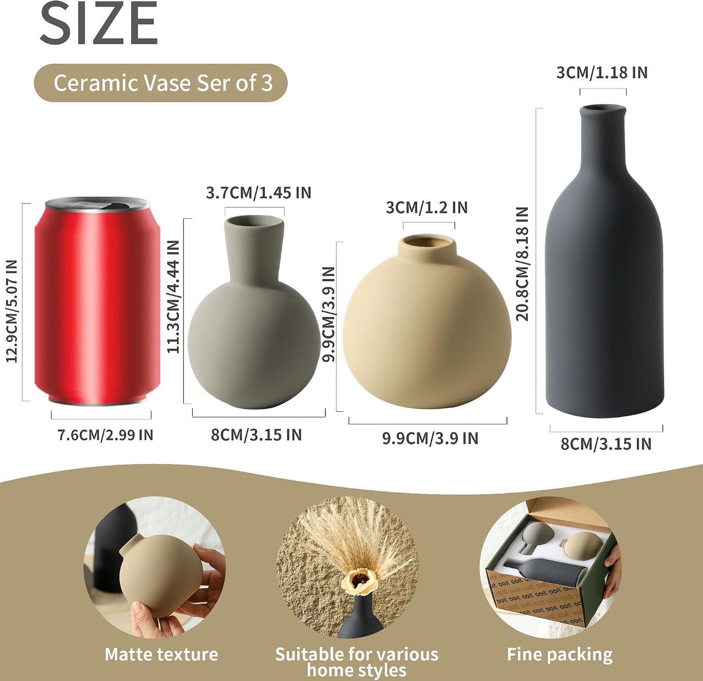 Ceramic Vase Set of 3, Decorative Vases Home Decor Modern Neutral Flower Pampass Boho Vase for Living Room, Table, Mantel, Entryway, Bookshelf, Kitchen, Bedroom, Bathroom - White