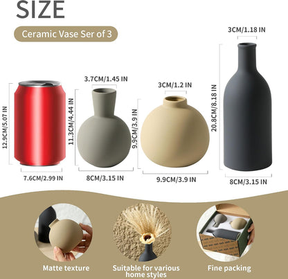 Ceramic Vase Set of 3, Decorative Vases Home Decor Modern Neutral Flower Pampass Boho Vase for Living Room, Table, Mantel, Entryway, Bookshelf, Kitchen, Bedroom, Bathroom - White