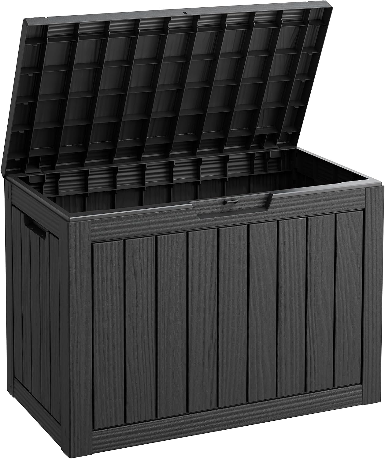 Fancyango 75 Gallon Outdoor Deck Box Waterproof, Large Storage Box for Patio, Resin Storage Bench Lockable for Garden Tools, Package Delivery, Black