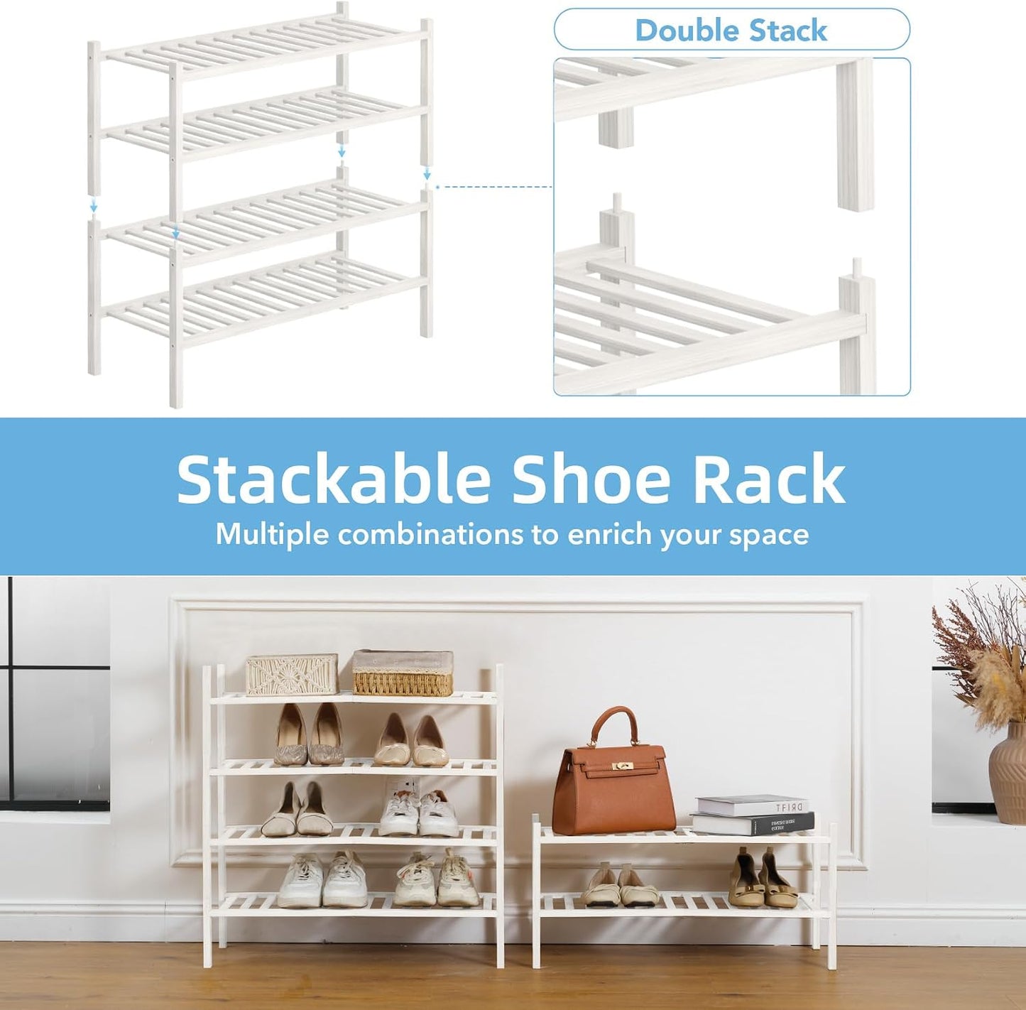 4 Tier Bamboo Shoe Rack Storage Organizer for Closet, Multifunctional Stackable Free Standing Shoe Shelf Organizer for Small Space,Entryway, Hallway, Bathroom27 x11 x26(White, 4 Tier)