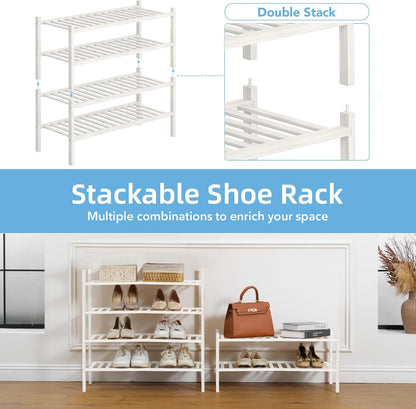 4 Tier Bamboo Shoe Rack Storage Organizer for Closet, Multifunctional Stackable Free Standing Shoe Shelf Organizer for Small Space,Entryway, Hallway, Bathroom27 x11 x26(White, 4 Tier)