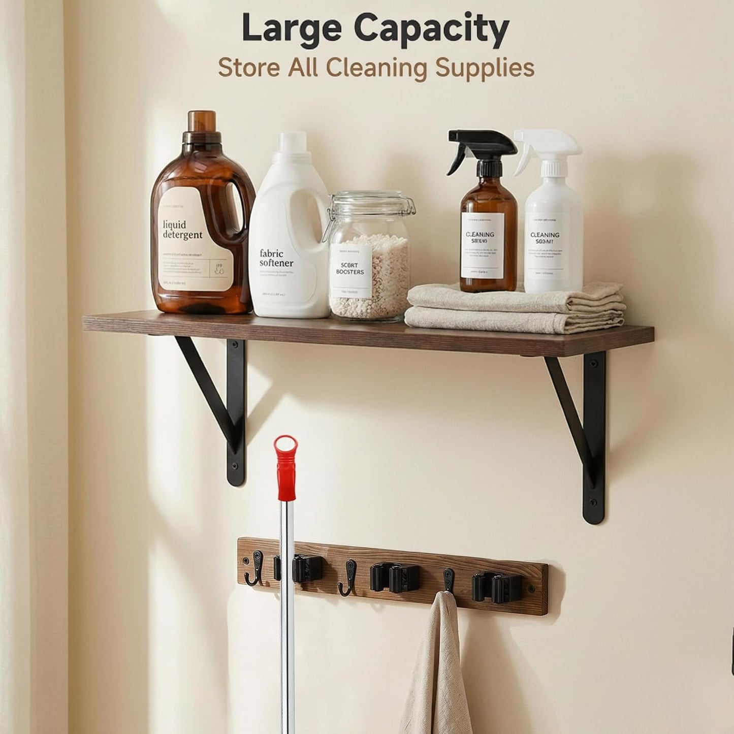 Wooden Broom Holder Wall Mount with Hooks and Shelf Mop Hangers Storage Rack with Cleaning Supplies Organizer Farmhouse Garage Laundry Room Wood Shelf (Brown, 1)